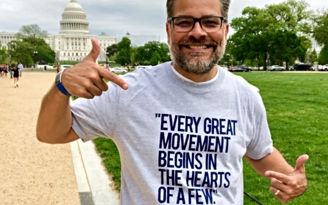 Mitch Randall wearing T-shirt with Rauschenbusch quote in Washington, D.C.