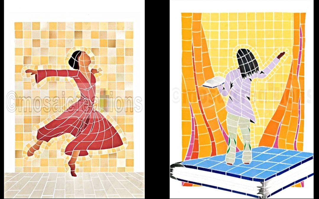 Mosaic-style artwork of woman dancing and woman preaching