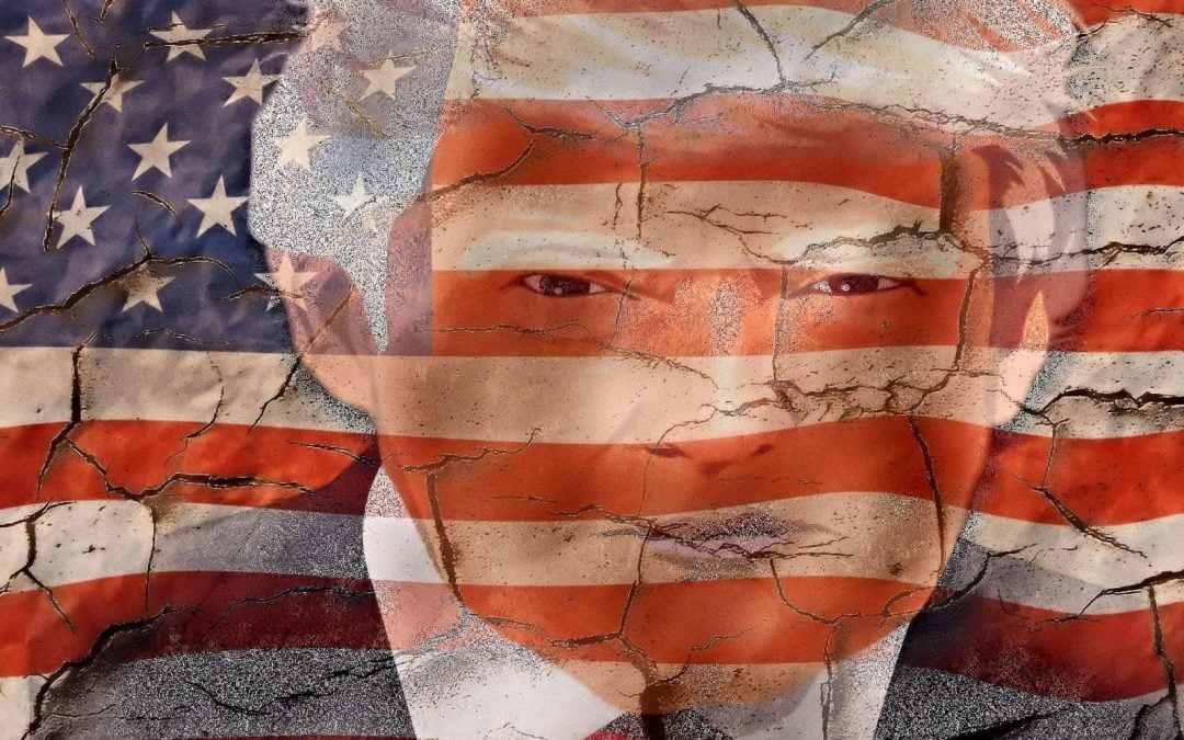 Trump caricature superimposed over cracked U.S. flag