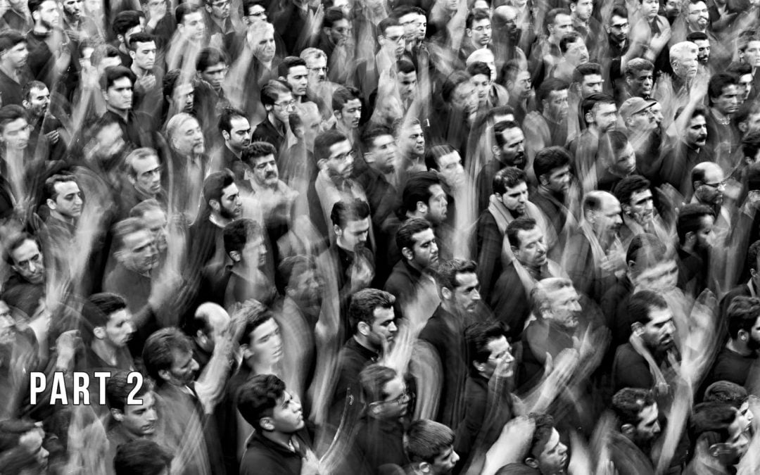 Photo illustration of angry crowd of men