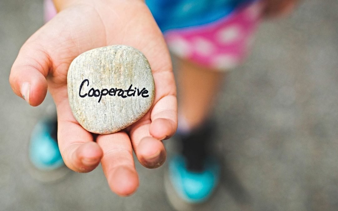 Child holding stone with word cooperative