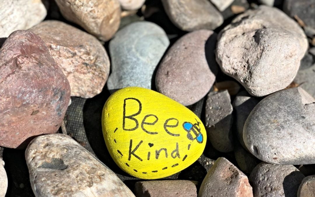 Yellow rock with the words Bee Kind painted on it