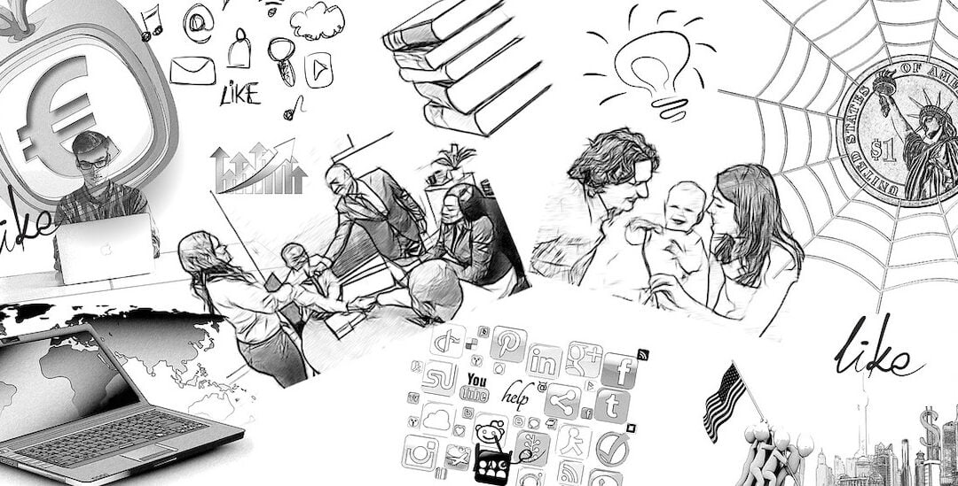 A black-and-white sketch of various activities that illustrate the concept of multitasking.