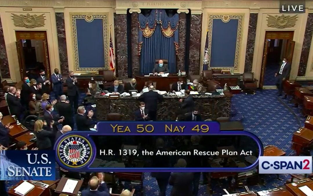A screenshot of a CSPAN recording of the U.S. Senate chamber during a vote on the HR 1319 pandemic relief bill on March 6, 2021.
