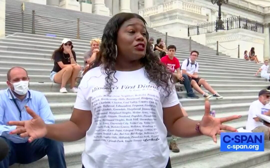 Rep. Cori Bush (D-Missouri) speaking to reporters on the fifth day of a demonstration at the U.S. Capitol calling for an extension of the pandemic eviction moratorium.