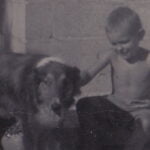 A young boy sitting next to his dog.