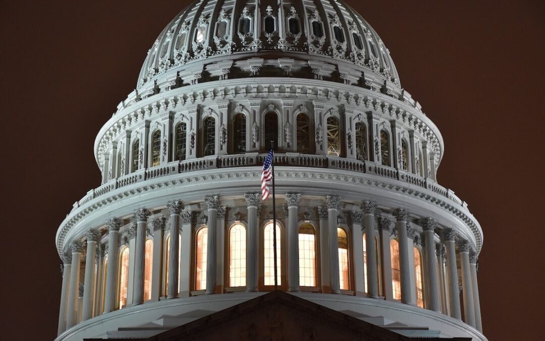 A single U.S. flag in front of U.S. Capitol Dome lit up at night.