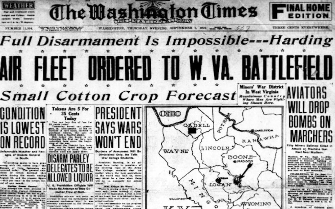Cover of the Washington Times which has the headline "Airfleet Ordered to W. Va. Battlefield.”