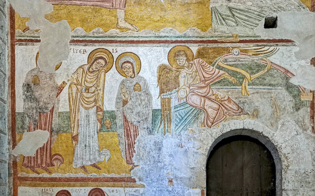 A mural from 1180 located in the north transept of the Basilica of St. Sernin, Toulouse that depicts the women greeted by an angel who points out to them the empty tomb.