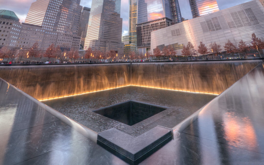 The south pool of the 9/11 memorial at sunset.
