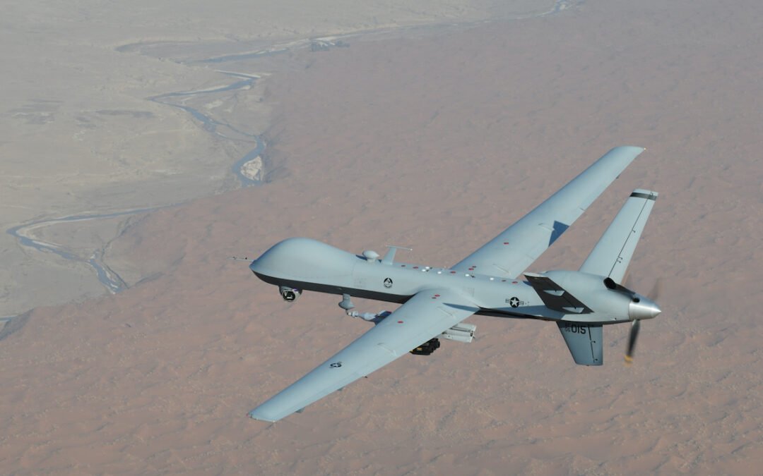 An MQ-9 Reaper unmanned aerial vehicle flying a combat mission over southern Afghanistan in November 2008.