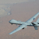 An MQ-9 Reaper unmanned aerial vehicle flying a combat mission over southern Afghanistan in November 2008.