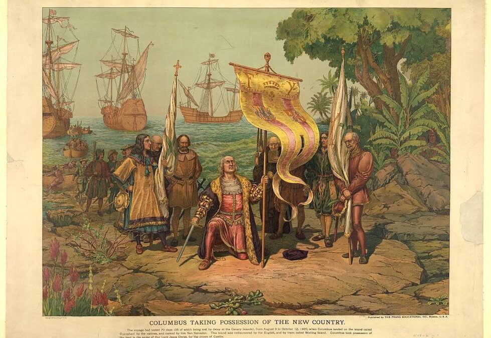 A lithograph of Christopher Columbus kneeling, holding flag and sword with two other men holding flags, with others standing nearby.