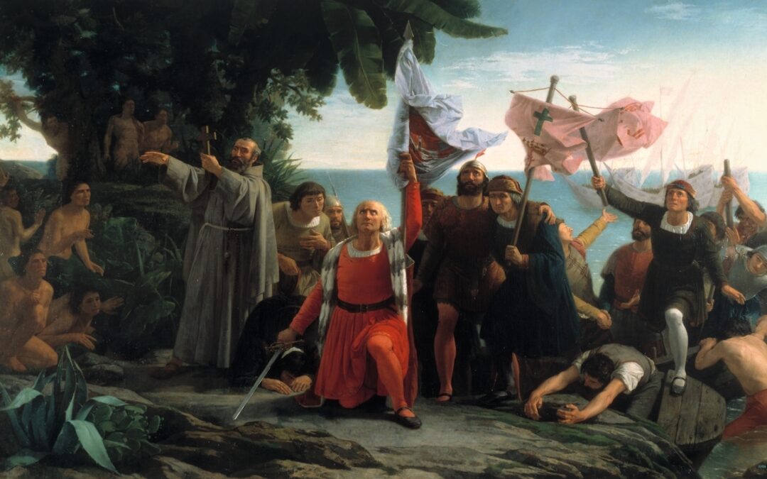 A oil on canvas painting by Dióscoro Teófilo Puebla Tolín portraying the arrival of Christopher Columbus.