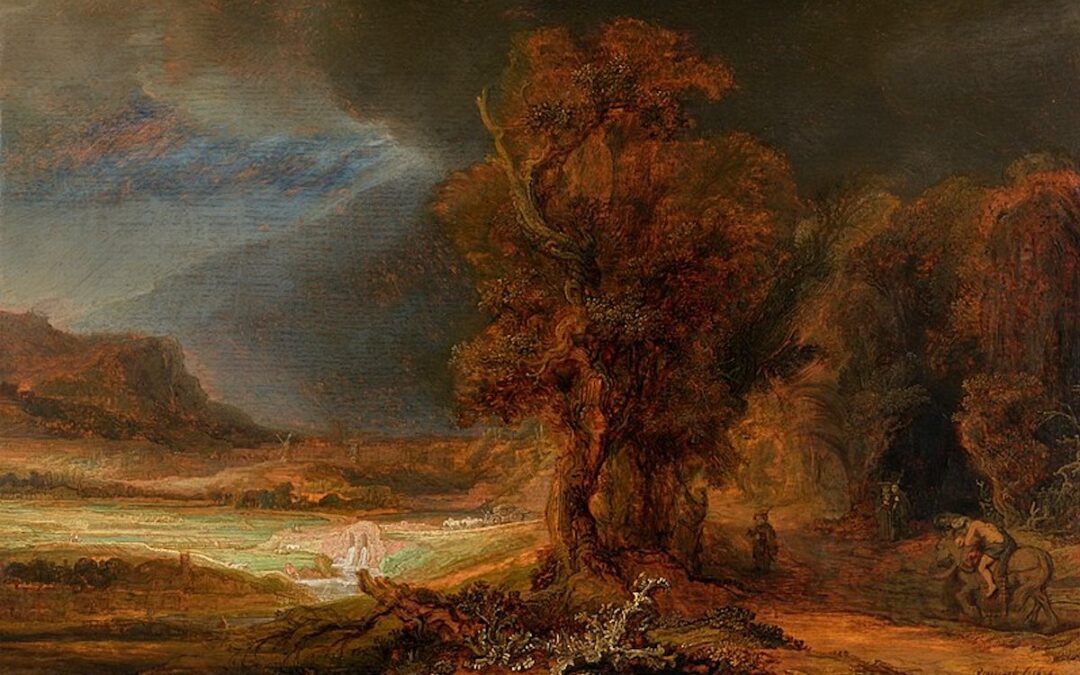 A photo of Rembrandt’s “Landscape with the Good Samaritan” oil on canvas painting.