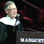 A screenshot of Fred Rogers delivering the commencement address at Marquette University in 2001.