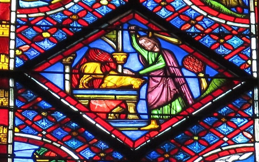 A stained-glass window of the upper chapel of the Sainte-Chapelle de Paris depicting Moses breaking the golden calf.