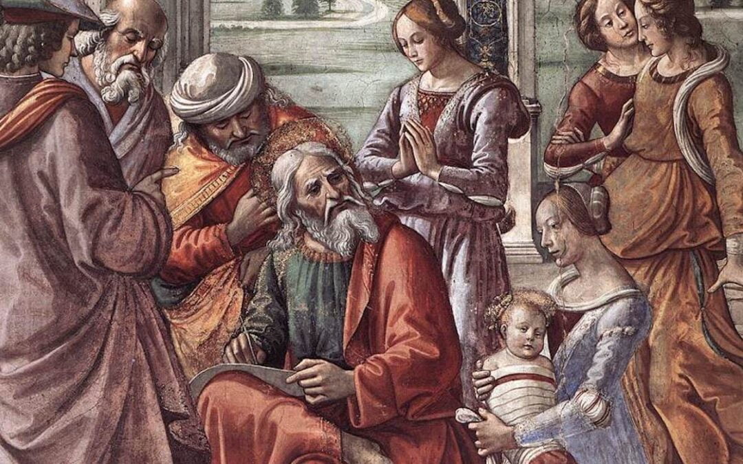 A photograph of a painting titled, “Zacharias Writes Down the Name of his Son,” depicting the event described in Luke 1:57-60.