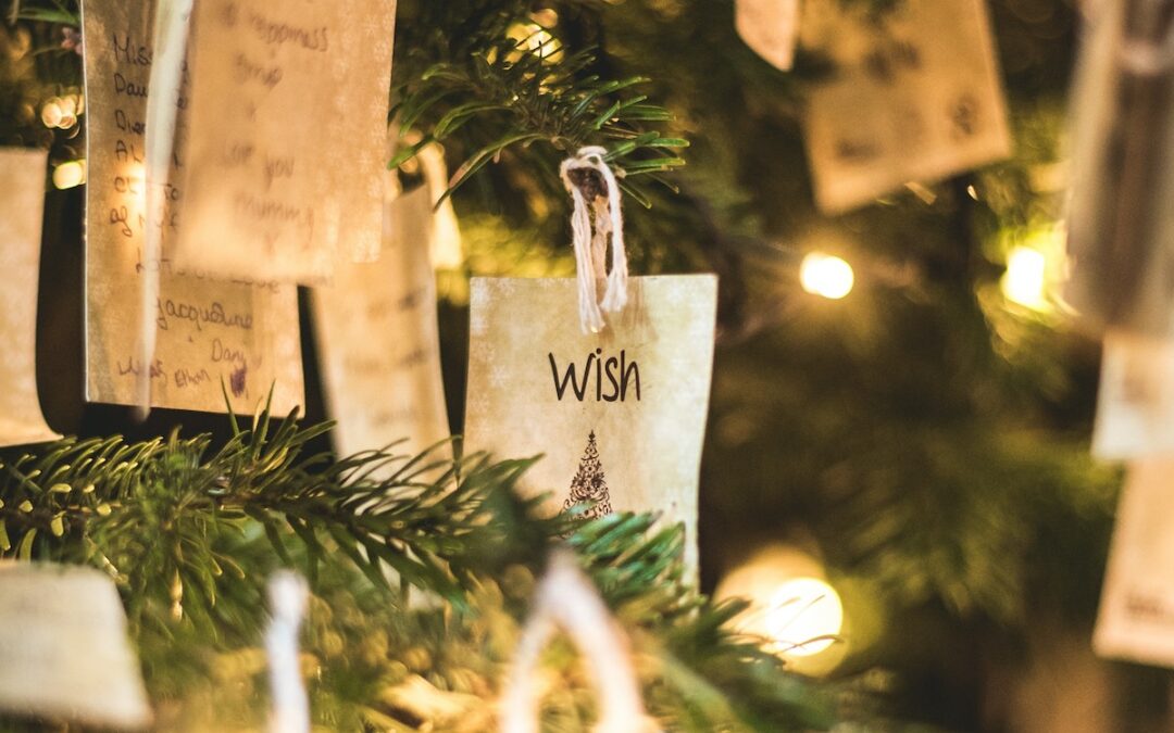 A Christmas tree with lights seen up-close with lots of paper notes hanging from it with one note that says, “Wish.”