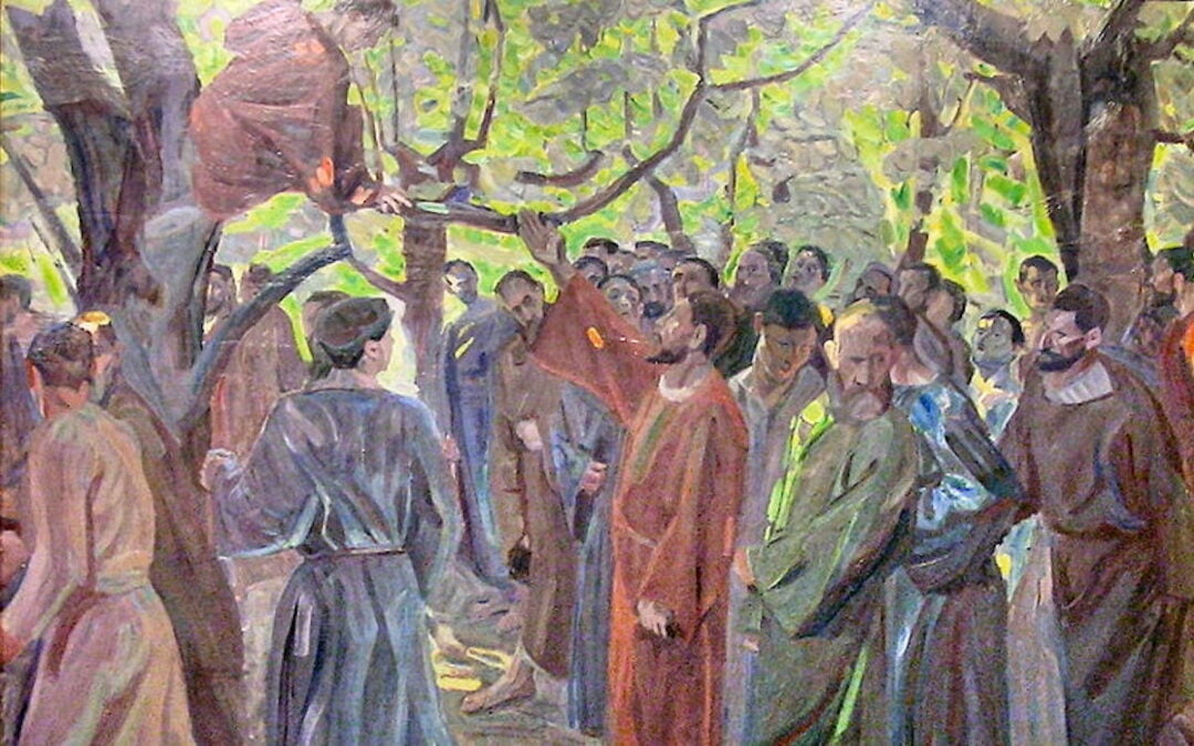 A photo of an oil on canvas painting by Niels Larsen Stevns depicting Jesus’ encounter with Zacchaeus.