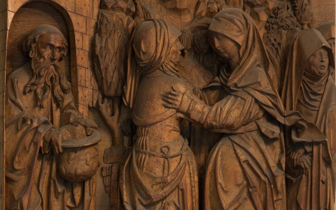 A wood sculpture from Germany c. 1520 depicting Mary and Martha based on the biblical narrative found in Luke 1.
