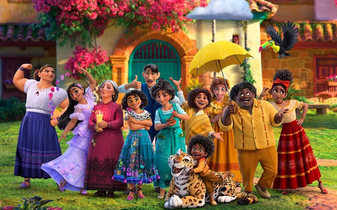 A still image from the Disney film “Encanto” featuring the main characters standing together.