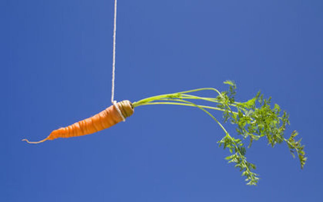 A carrot hanging from a string with a blue background.