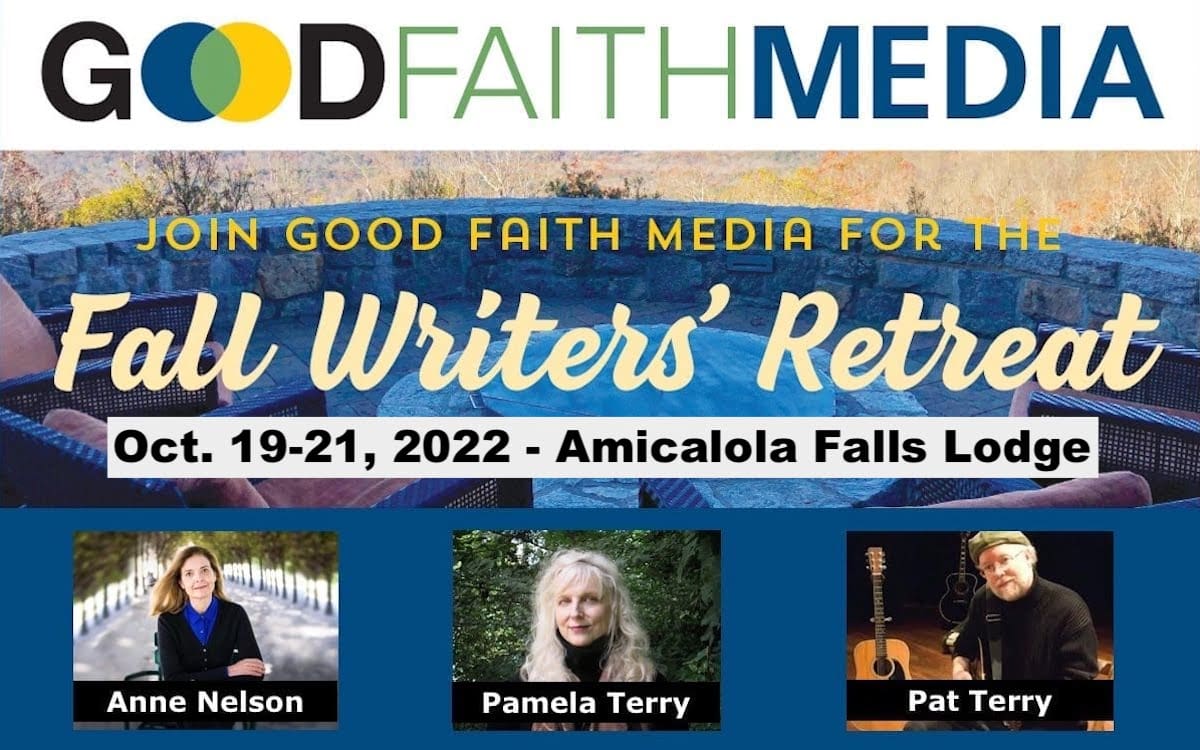 A promotional graphic for a 2021 writer’s retreat, with the dates and location at the top and program guest photos and names at the bottom.