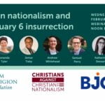 A promotional graphic for a webinar on Christian nationalism with participant headshots and organizational logos.