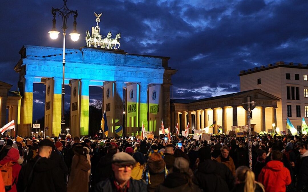 The Brandenburg Gate in Berlin illuminated in the colors of the national flag of the Ukraine.