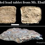 Images of a small, folded lead tablet found on Mt. Ebal set against a black background.