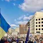 A demonstration in support of Ukraine and in protest of Russia’s invasion in Frankfurt, Germany.