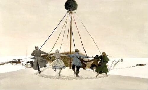 A painting of people in the snow standing around a pole.