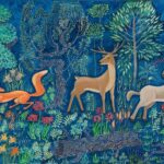 A mural with a forest scene featuring a fox, deer and horse.