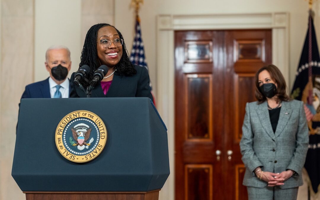 President Joe Biden and Vice President Kamala Harris look on while Judge Ketanji Brown Jackson delivers remarks on her nomination to the U.S. Supreme Court, Friday, February 25, 2022, in the Grand Foyer of the White House.