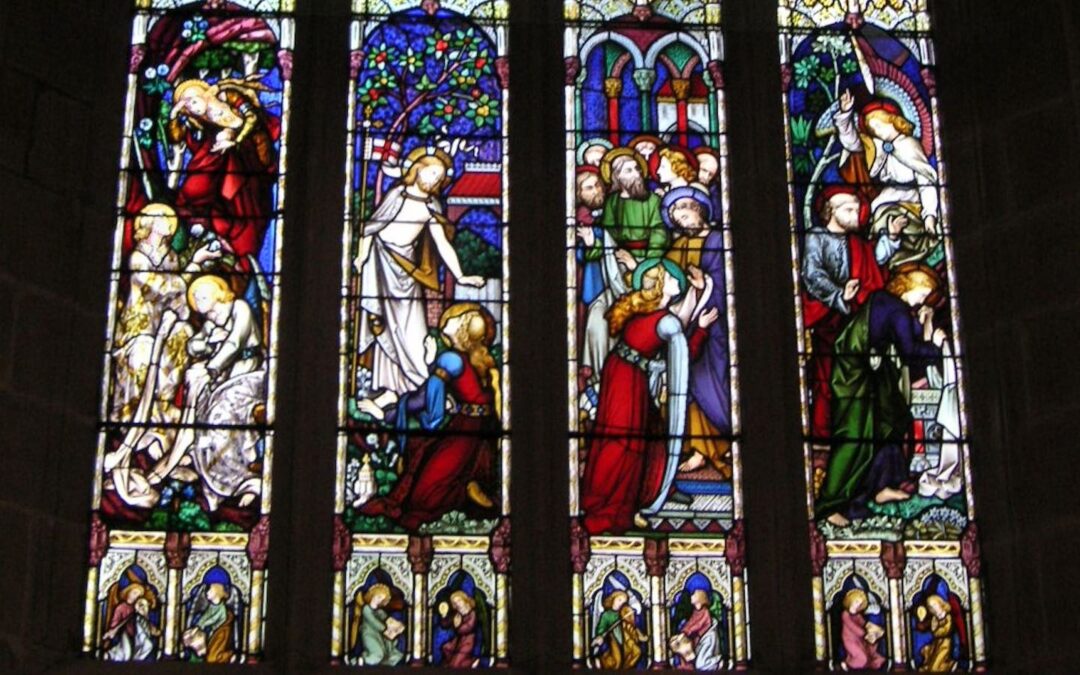 A series of stained glass images focused on the resurrection narratives in the Gospels.
