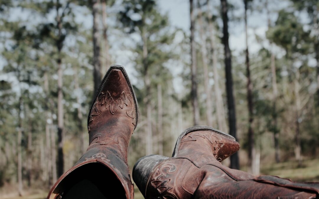 A pair of boots seen up close with trees slightly blurred in the background.