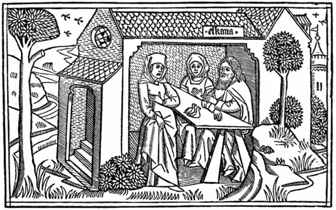 A wood engraving depicting the grief of Hannah that appeared in the Cologne Bible.