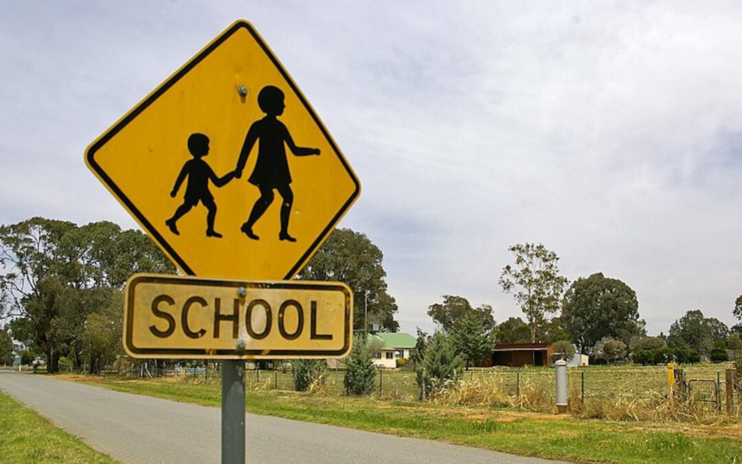 A yellow school crossing sign on the side of a road.