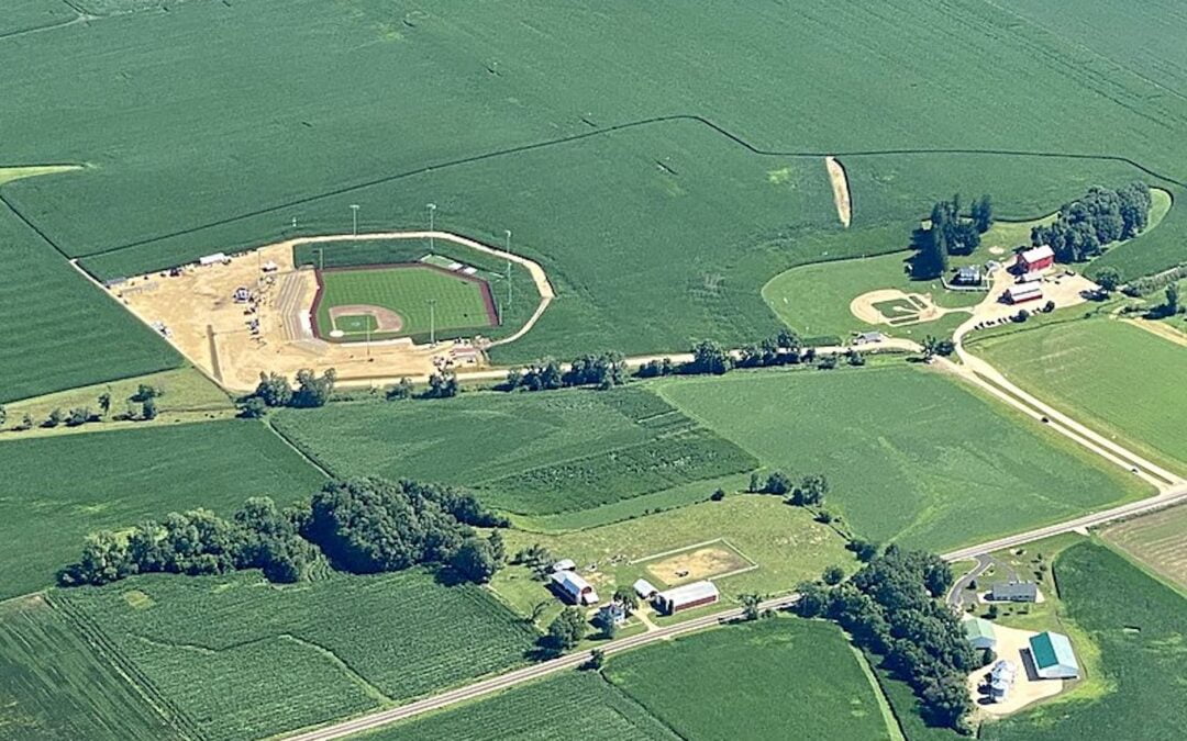 Aerial view of ballparks adjacent to corn fields near Dyersville, Iowa.