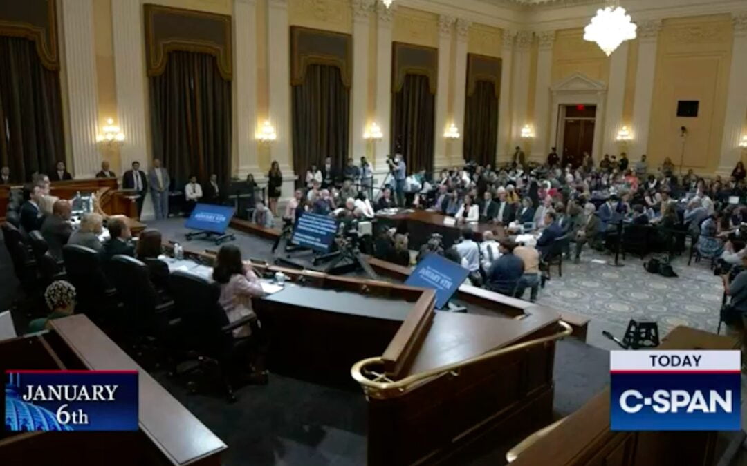 A screenshot of a hearing held by the House of Representatives select committee investigating the Jan. 6, 2021, insurrection.