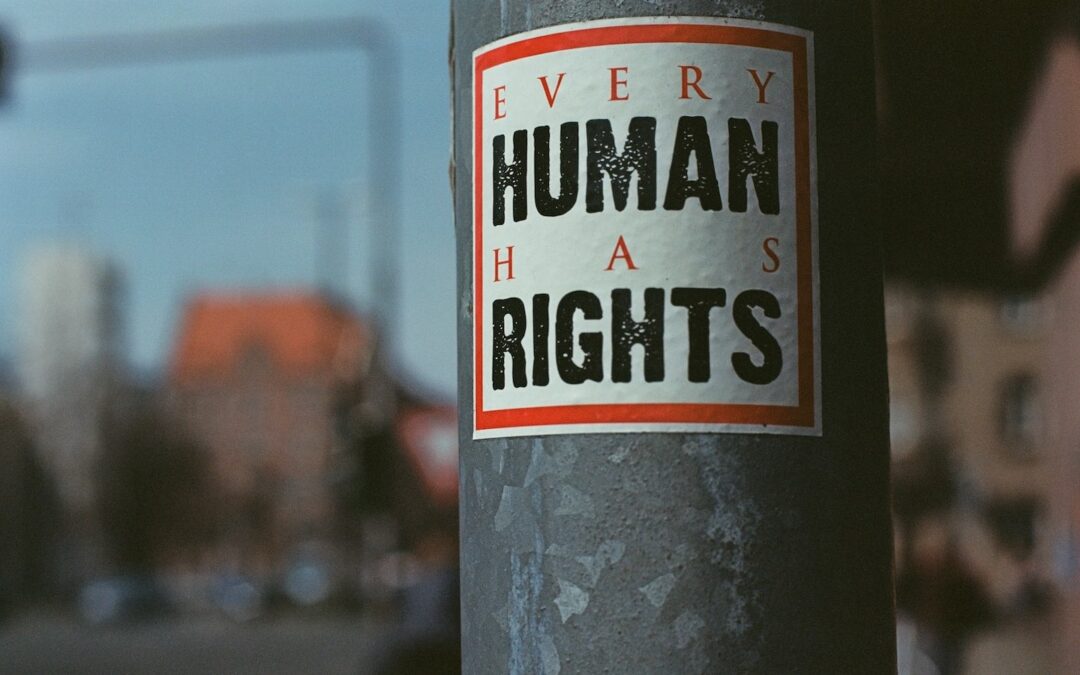 A sign posted on a streetlight pole that says, “Every human has rights.”