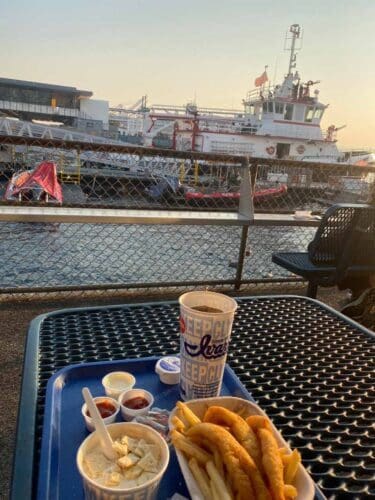 A meal sitting on a blue trey on a table outside overlooking a harbor with boats.