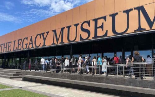 People waiting in line to enter The Legacy Museum in Montgomery, Alabama.