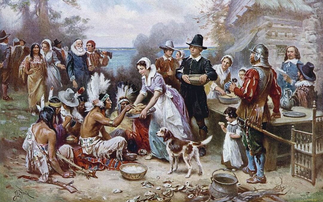 An oil on canvas painting depicting a romanticized and historically inaccurate portrayal of the “first Thanksgiving” in the British colonies in North America.