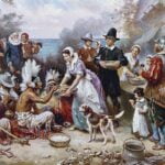 An oil on canvas painting depicting a romanticized and historically inaccurate portrayal of the “first Thanksgiving” in the British colonies in North America.