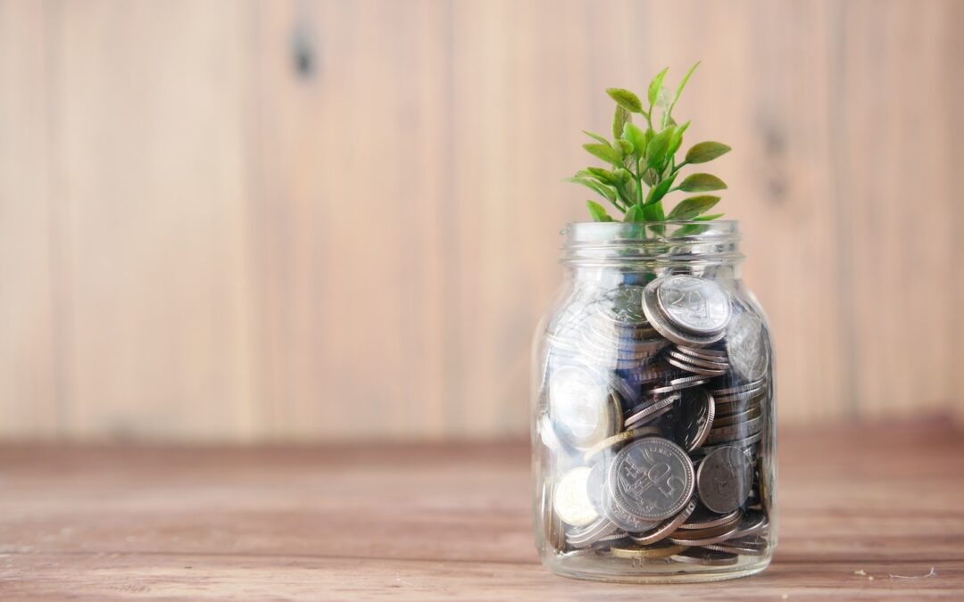 A clear glass jar filled with coins and a small, green plant growing out of it.