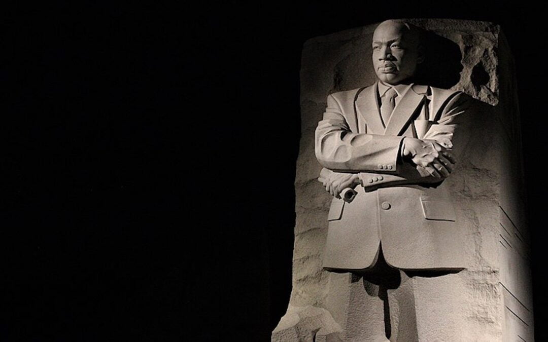The Martin Luther King Jr. Memorial in Washington D.C. at night.