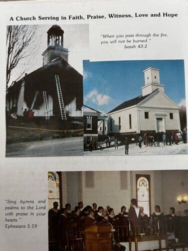 A collage of photos showing a church after a fire and then after it was rebuilt.