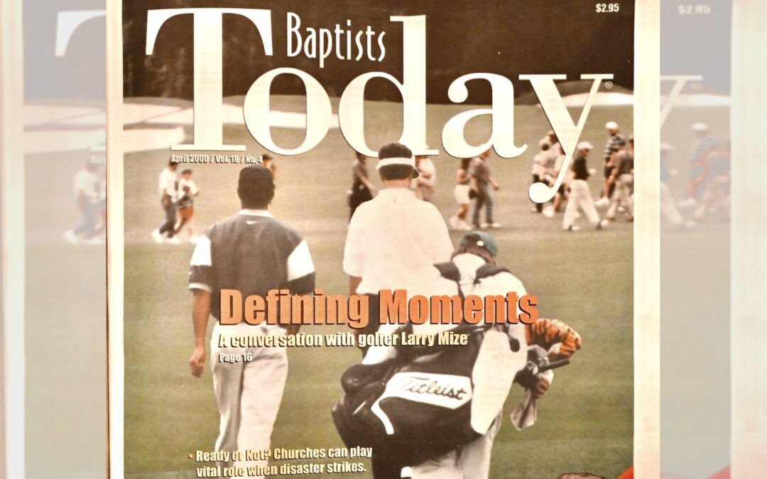 The April 2000 cover of Baptists Today (now Nurturing Faith Journal) shows golfer Larry Mize giving tips on Augusta National Golf Club to Tiger Woods during a practice round in 1997. Woods won the Masters tournament that year at age 21.